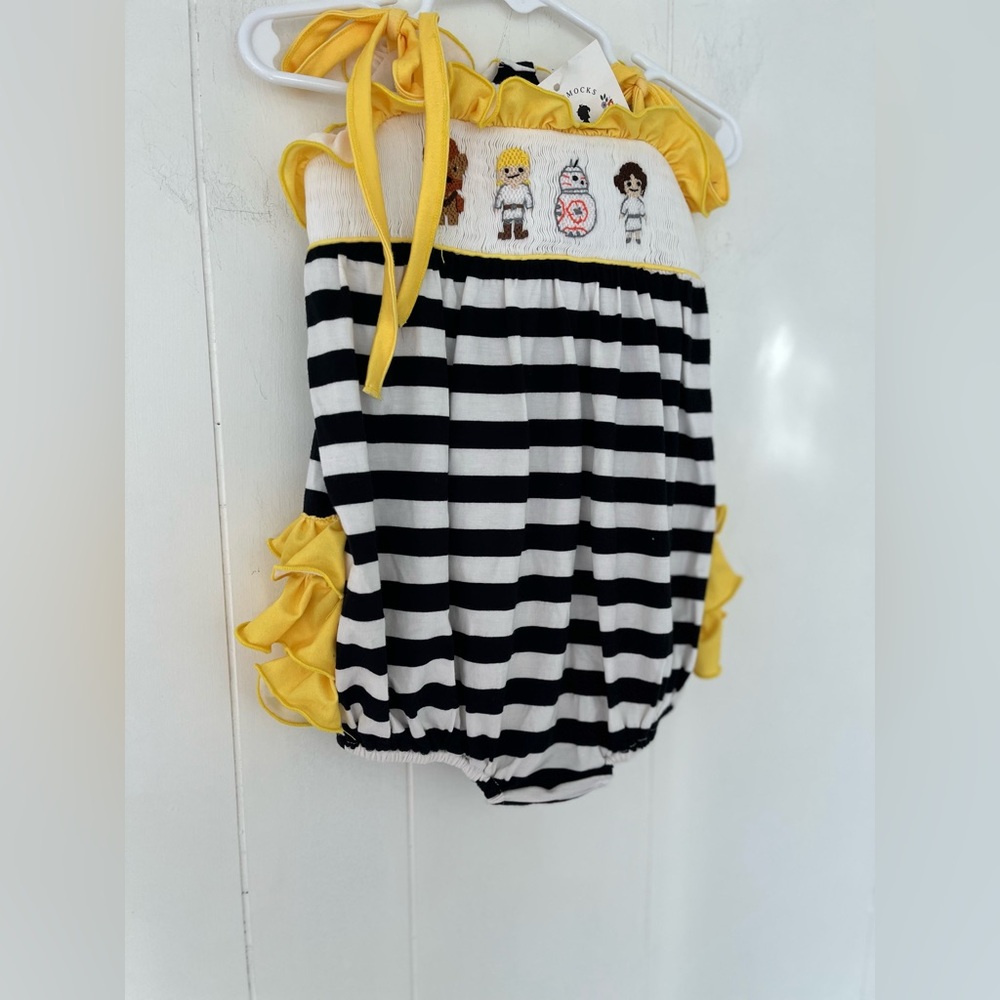 Awe Smocks Star Wats Smocked Stripe Black & White Bubble 1 Piece Yellow Ruffles - Picture 6 of 14